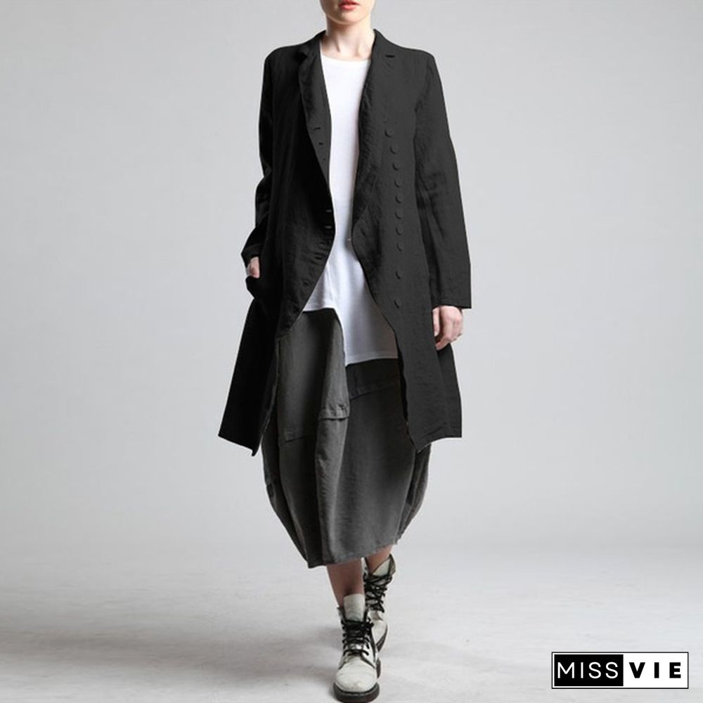 ZANZEA Damen Long Arm Kragen Cardigan Jacken Vintage Langer Pocket Strand Mantel Coat Cardigan Coat