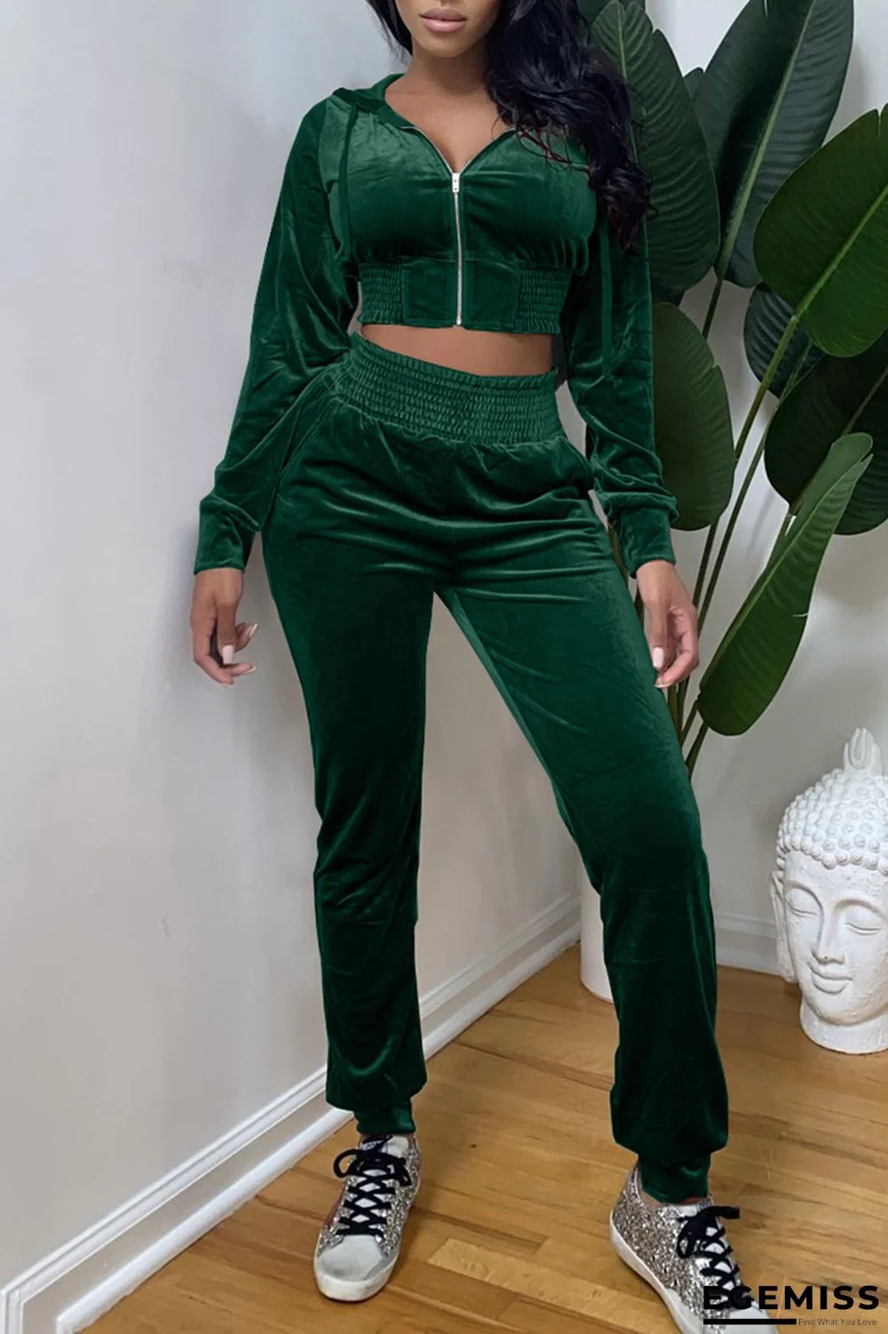 Green Fashion Casual Solid Zipper Hooded Collar Long Sleeve Two Pieces | EGEMISS