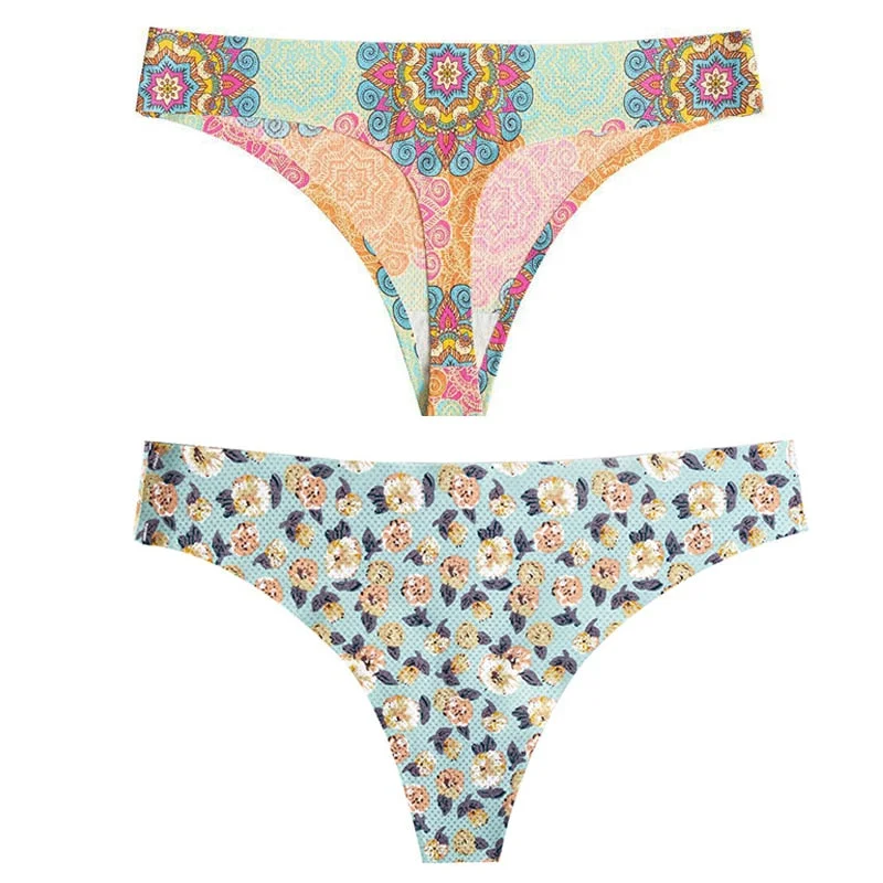 CINOON 2pcs Sexy Flowers Lingerie Woman Knickers Low-waist Panties Thong Seamless Breathable Underwear Female G String Intimates