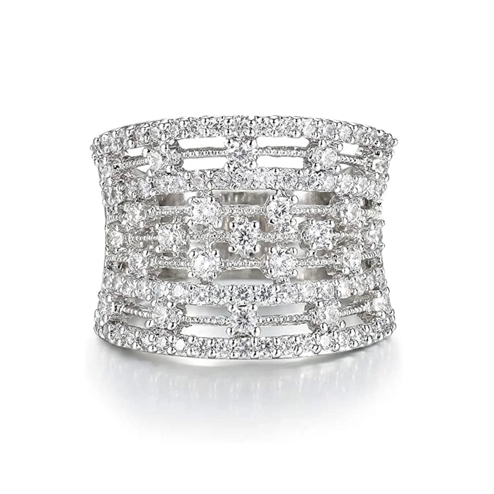 Huitan Gorgeous Women Rings Full Bling Iced Out Wide Rings with CZ Stone Several Lines Design New Fashion Wedding Bands Jewelry