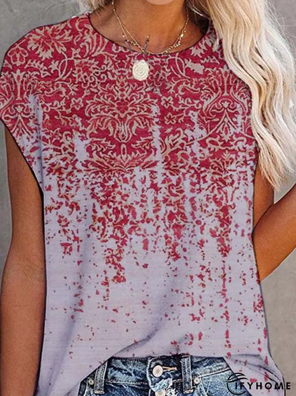 Paisley  Short Sleeve  Printed  Cotton-blend  Crew Neck  Vintage  Summer  Gray Top | IFYHOME