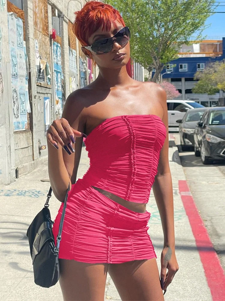 Jacqueline Summer Sexy See Through Beach Mesh Two Piece Sets Womens Outifits 2022 Tube Top Mini Skirts Sets Party Club Dress Set