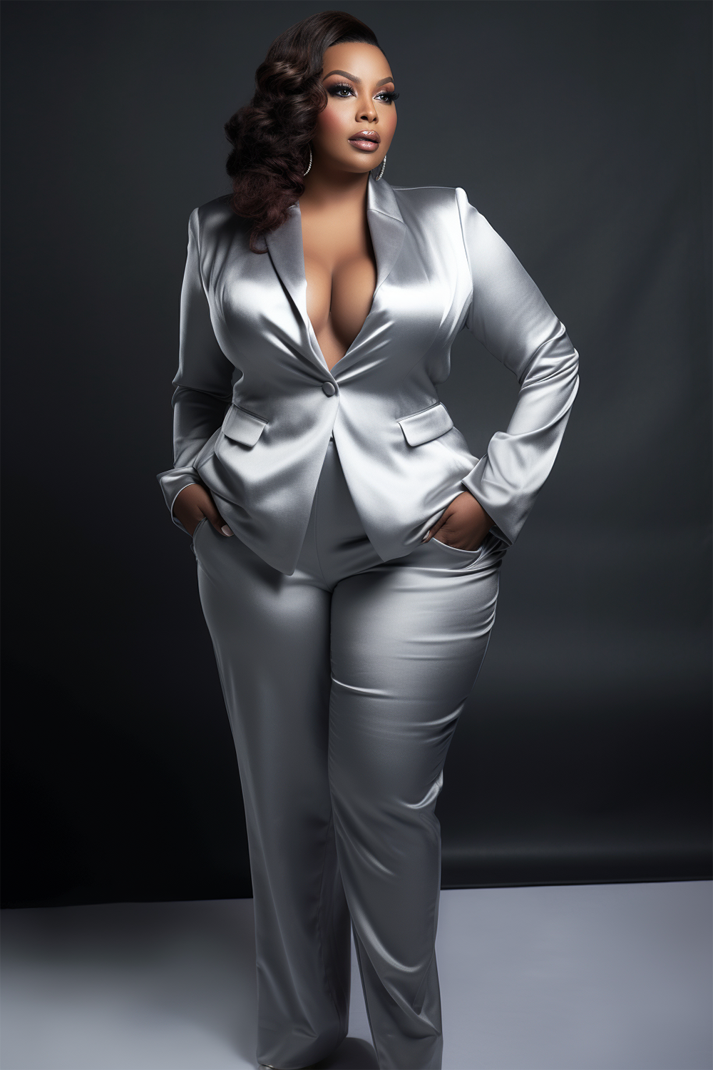 Design Plus Size Semi Formal Pant Sets Elegant Silver Turndown Collar Long Sleeve Satin Blazer Suit Two Piece Pant Sets With Pocket [Pre-Order]