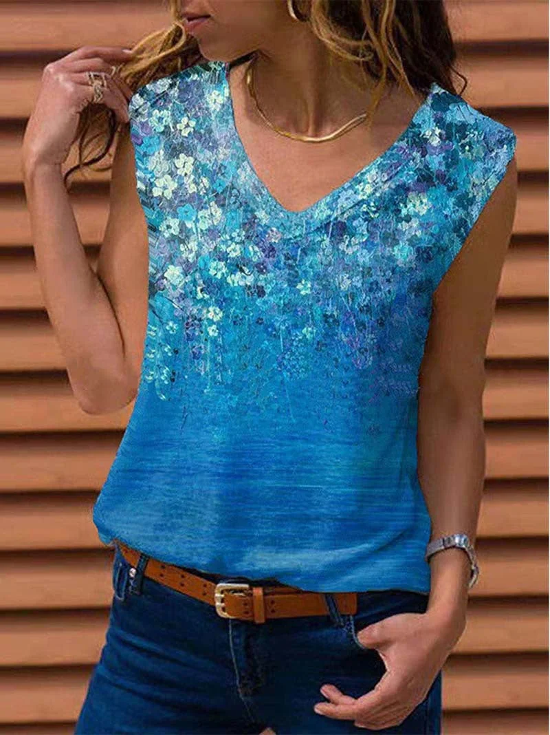 Uveng Loose Sleeveless V-neck Printed Vest T-shirt