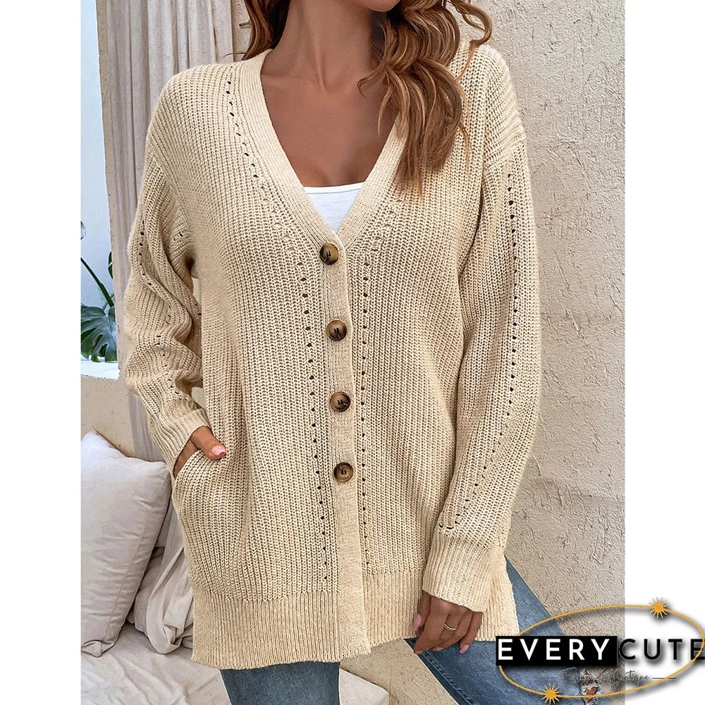 Khaki Hollow-out Button Split Cardigan