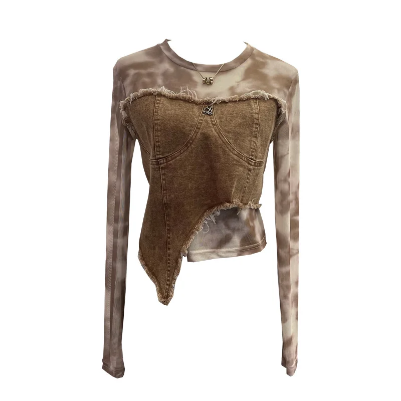 Uveng Vintage Dye Mesh Spliced Denim Shoulder Long-Sleeved T-Shirt T-Shirt T-Shirt Dress 2617