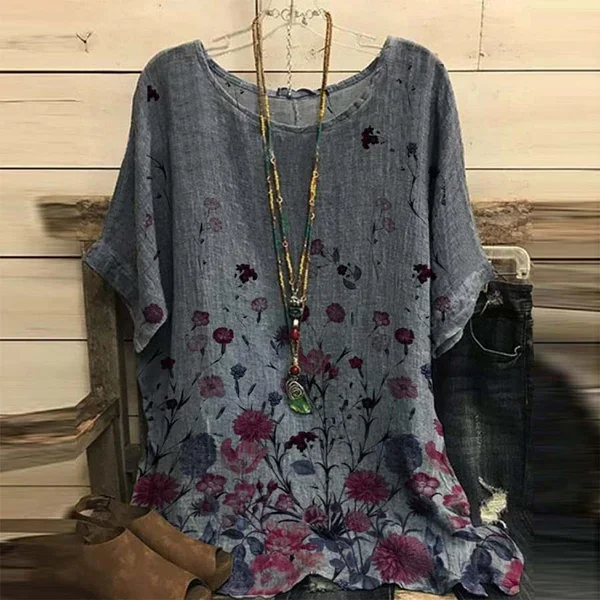 Floral Print Round Neck Loose Casual Tops