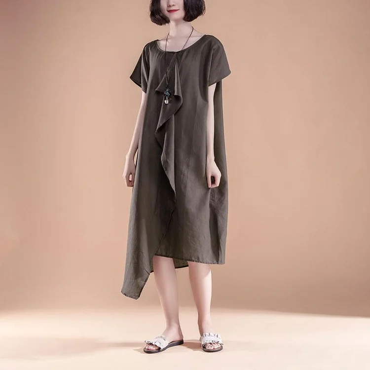 Fine linen cotton dress plus size clothing Short Sleeve High-low Hem Summer Casual Dress