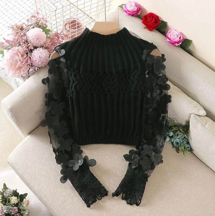 Fairy Flower Puff Sleeve Women Sweater Slim Short Style Patchwork Round Neck Knitting Female Sweaters