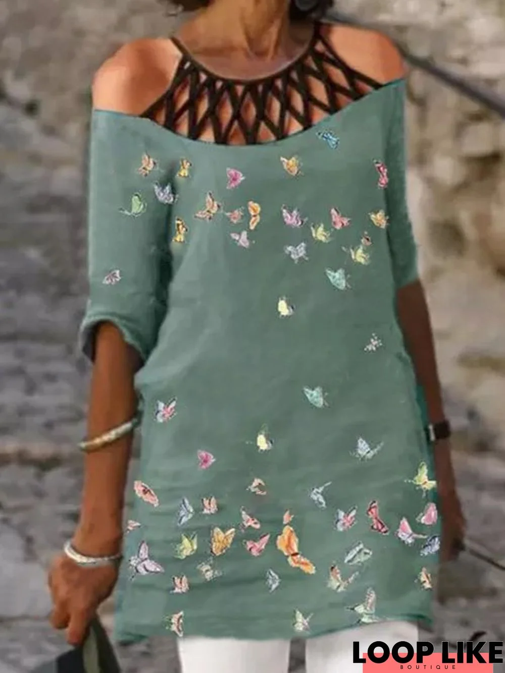 Vintage Half Sleeve Butterflies Printed Casual Top