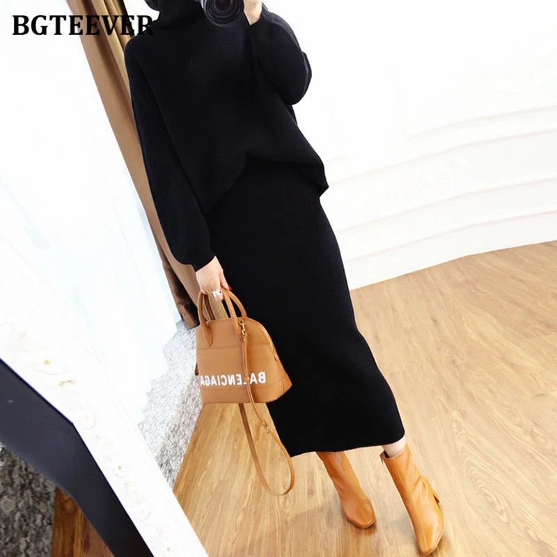 BGTEEVER Autumn Winter Ladies 2 Pieces Sweater Set Women Turtleneck Pullover Jumpers & Elastic Mid-length Pencil Knitted Skirts