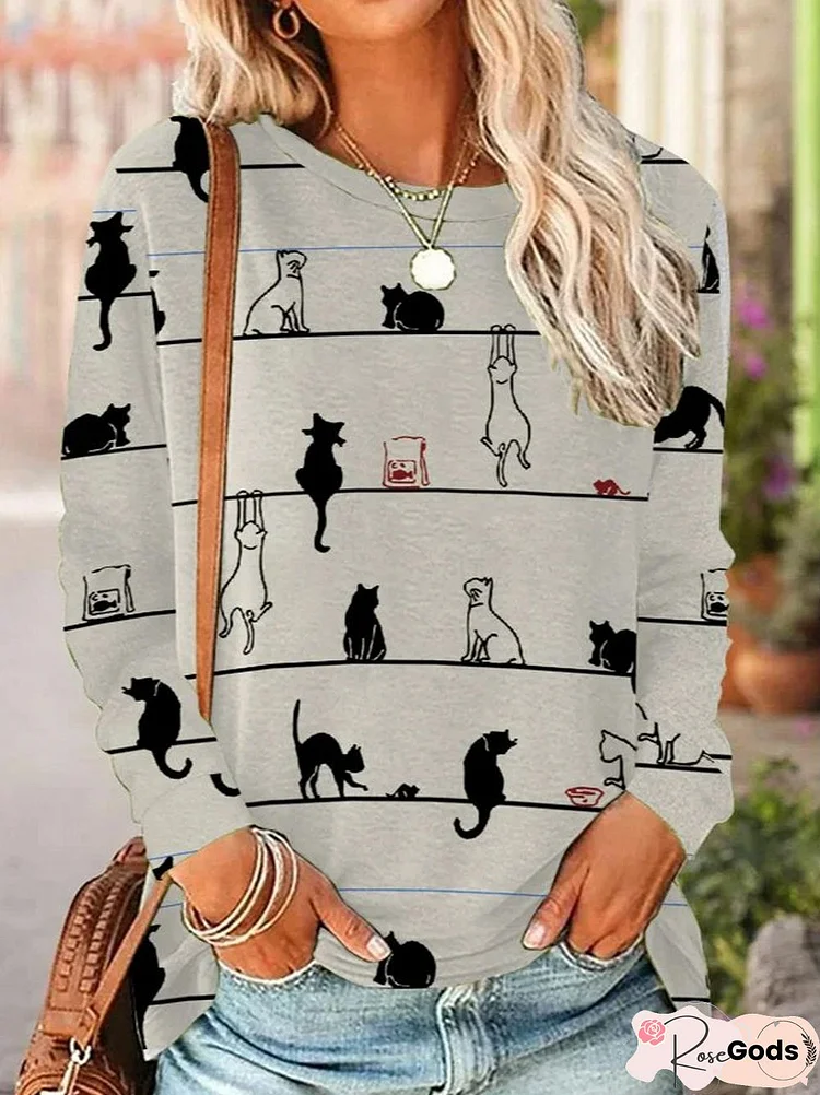 Casual Crew Neck Cat T-Shirt