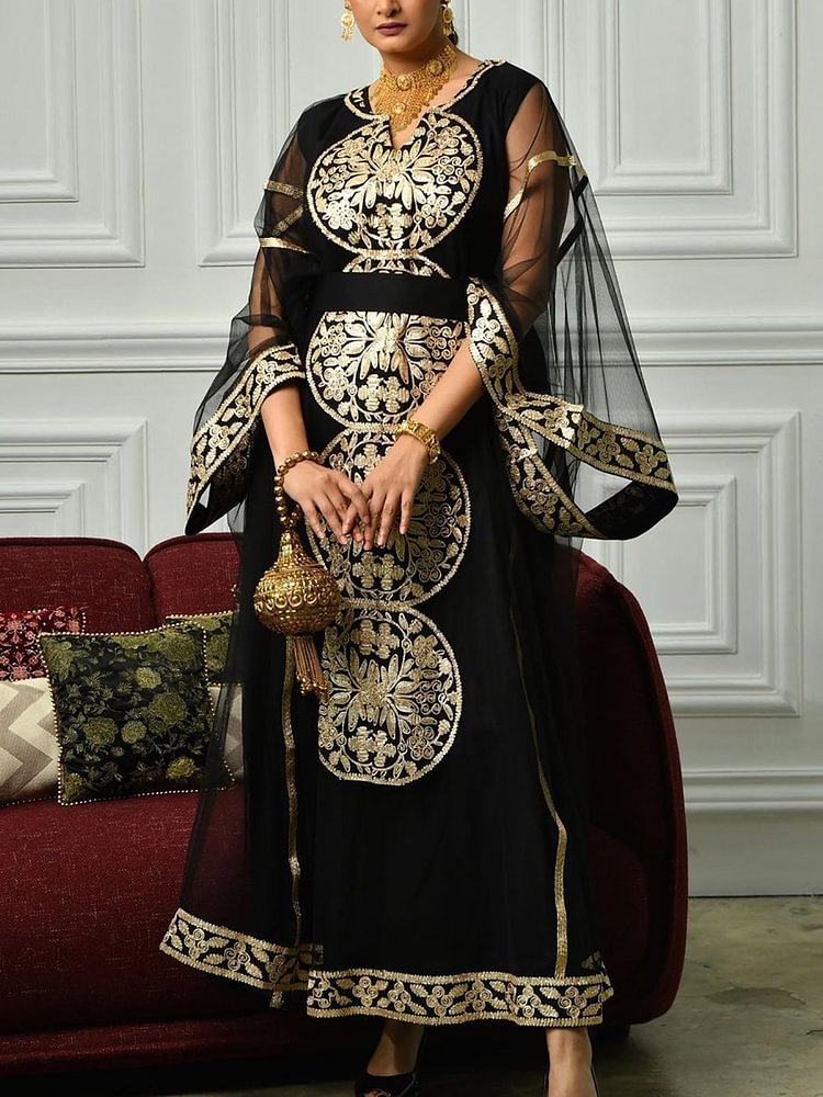 Elegant Floral-print V-neck Dress and Mesh Outerwear Two-piece Set