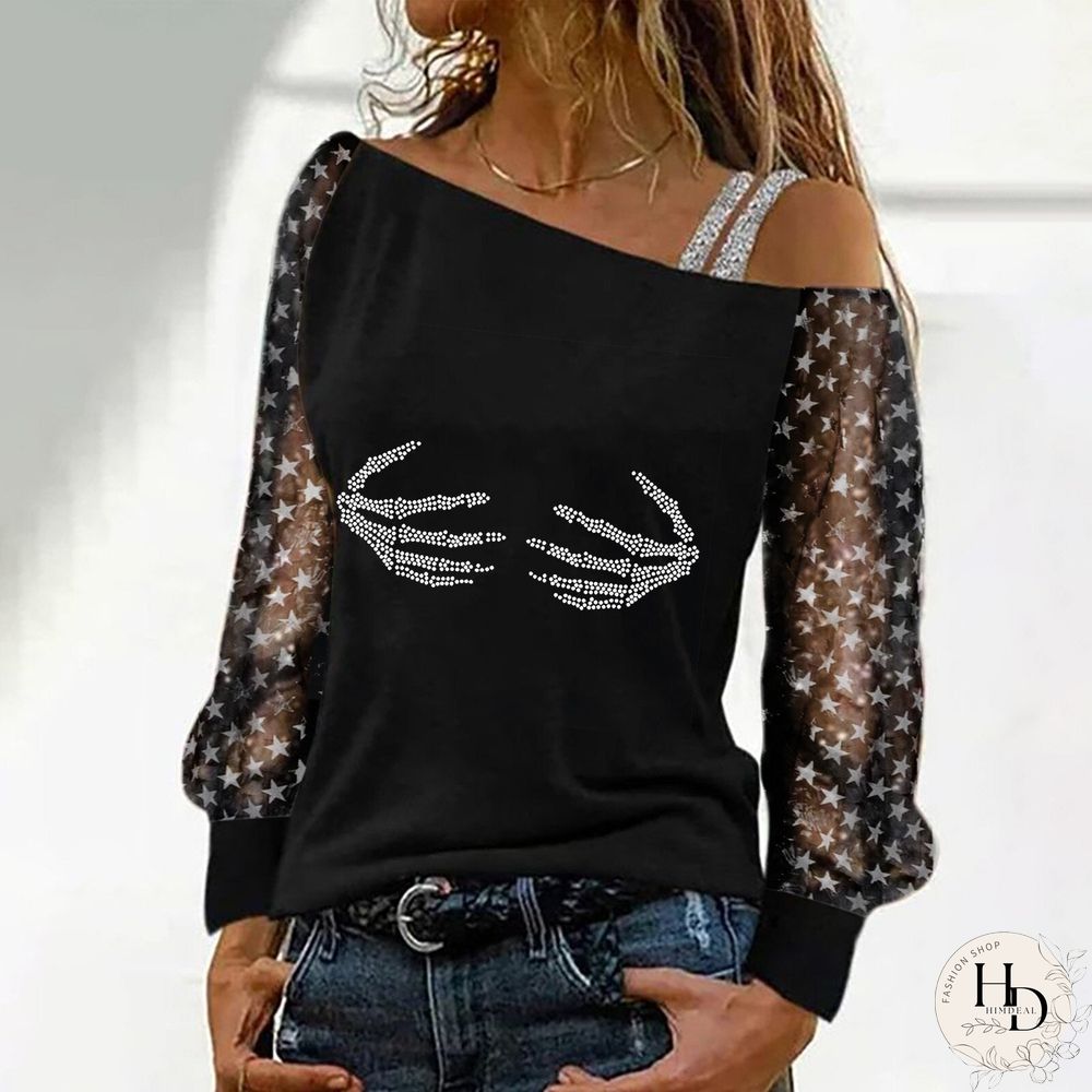 Starry Sleeve Rhinestone Black Top