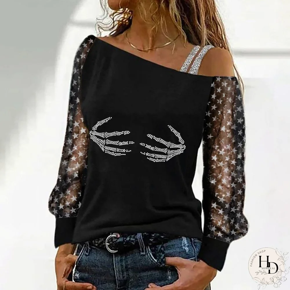 Starry Sleeve Rhinestone Black Top