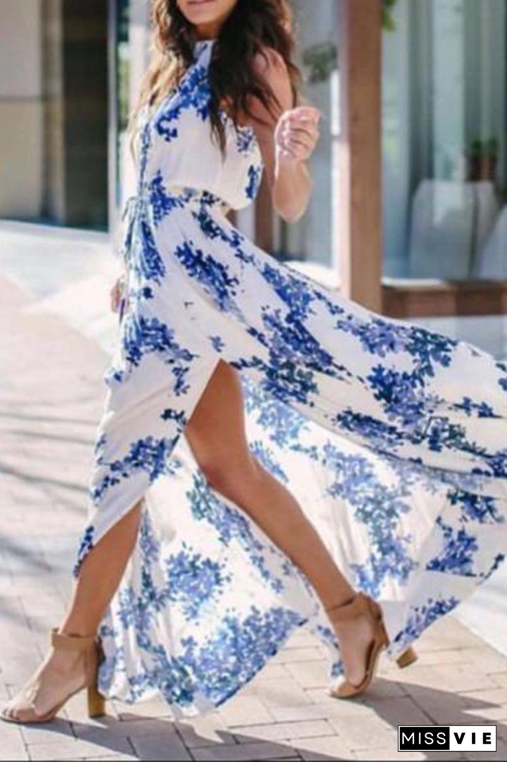 Elegant Floral Frenulum High Opening Halter A Line Dresses(3 Colors)