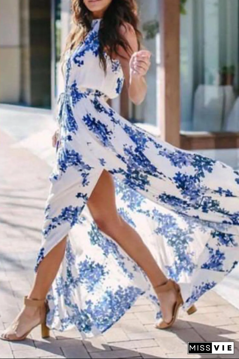 Elegant Floral Frenulum High Opening Halter A Line Dresses(3 Colors)