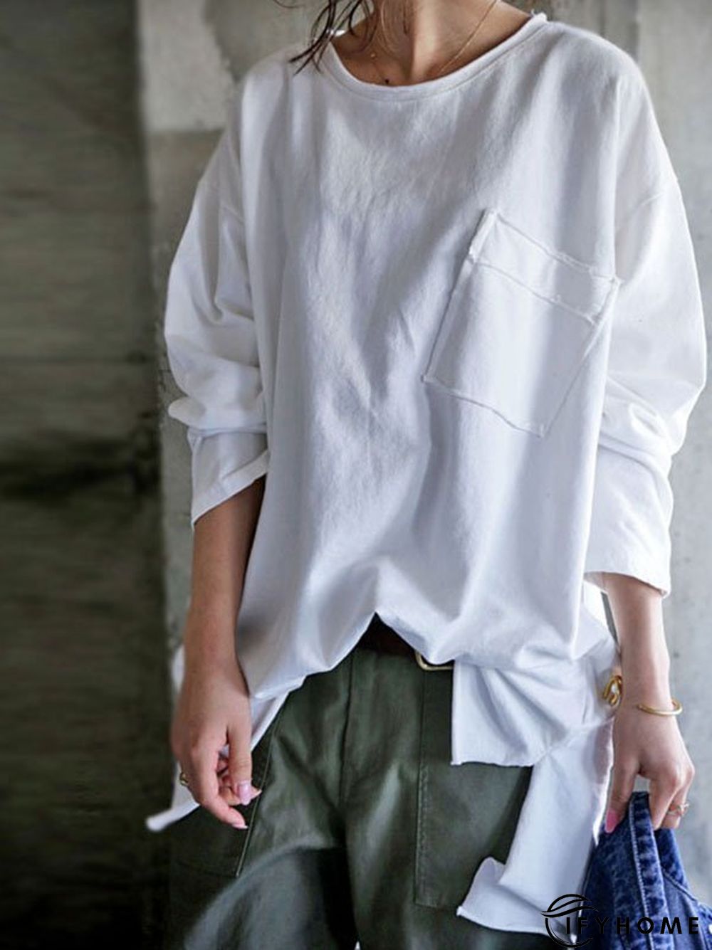 Long Sleeve Pockets Solid T-shirt | IFYHOME