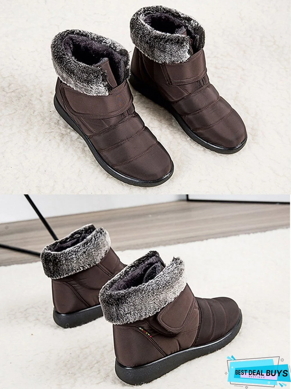 Faux Fur Cuff Snow Boots with Hook and Loop