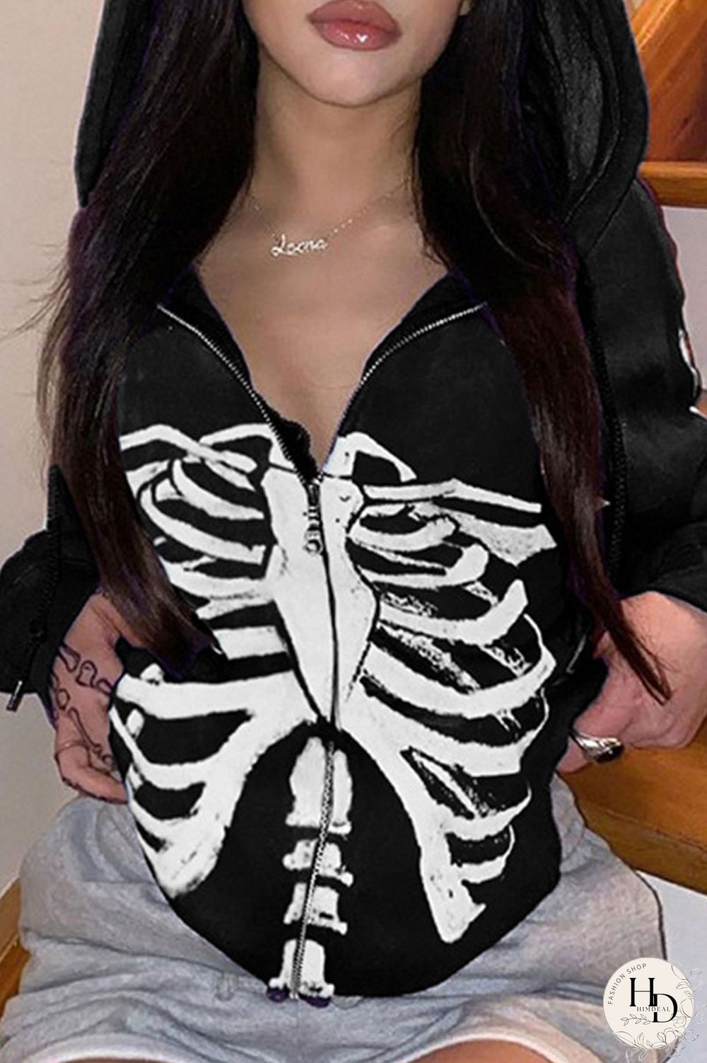 Red Street Print Split Joint Zipper Hooded Collar Outerwear