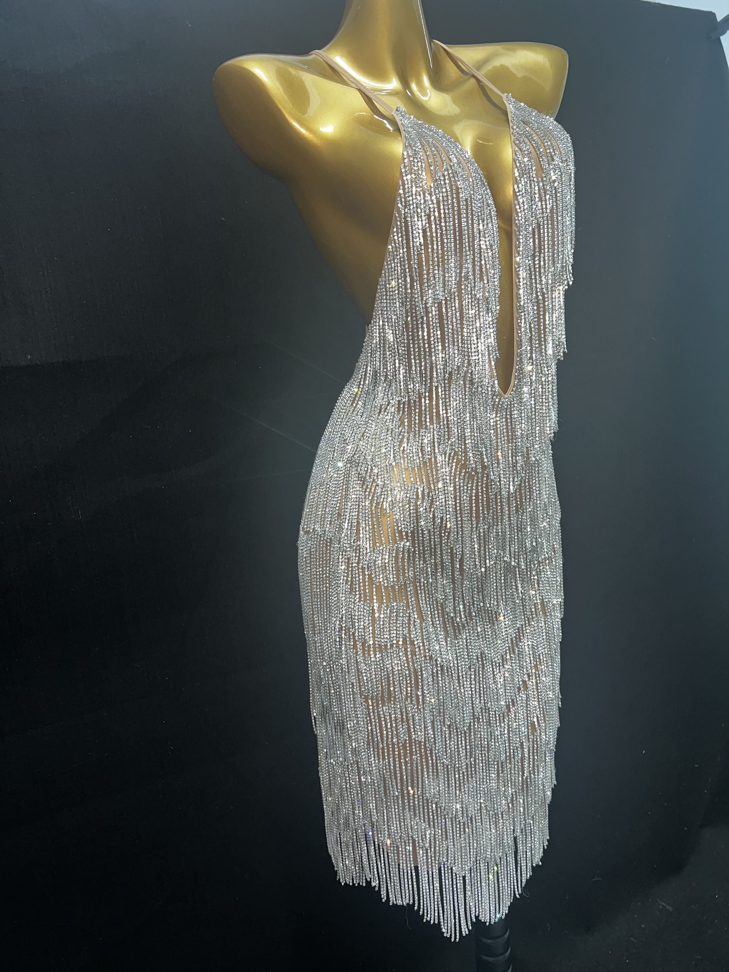 GOOSHOE Bling Silver Crystals Tassels Transparent Deep V-Neck Backless Dress Transparent Outfit Costume