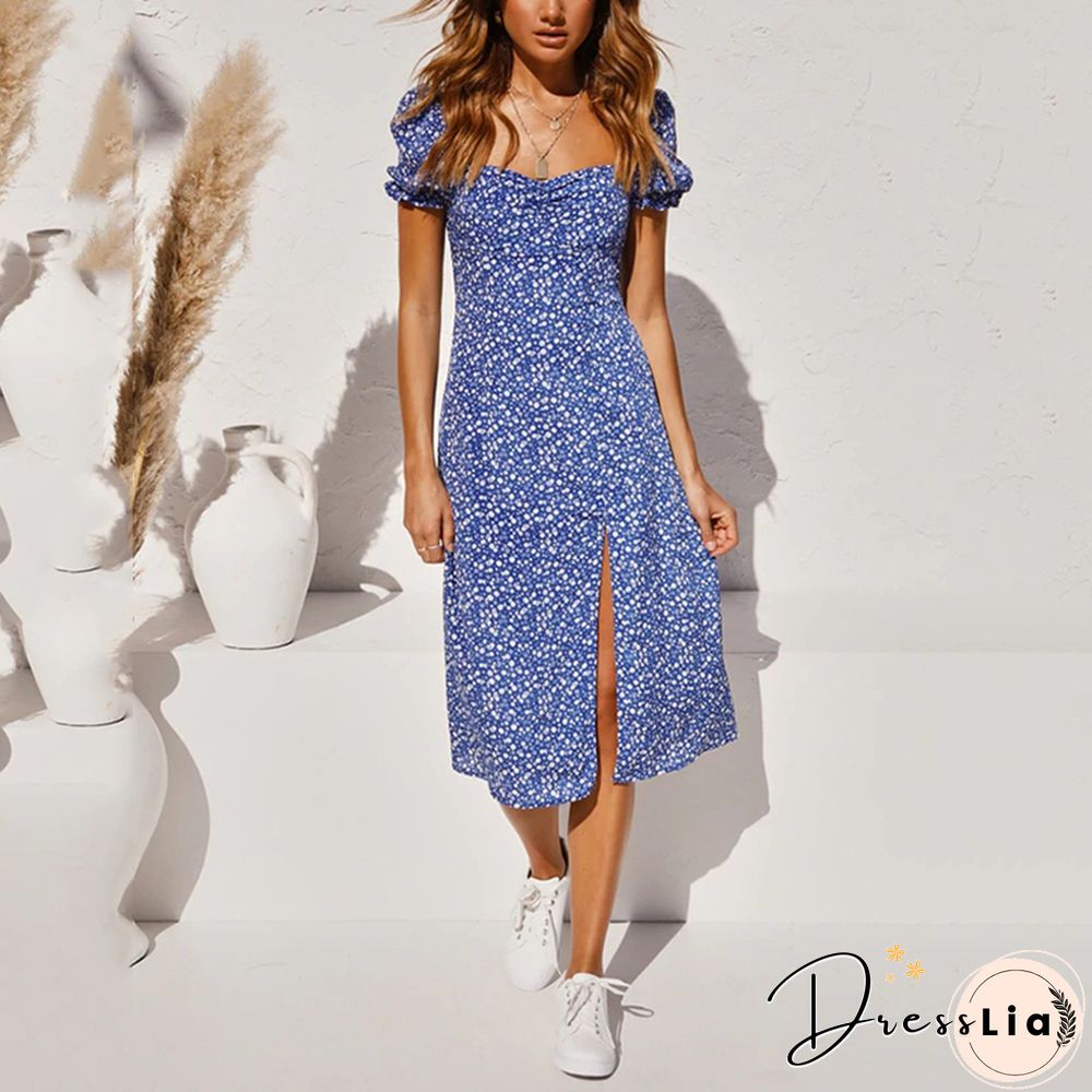 Puff Sleeves Ruched Bust Split Floral Print Midi Dress