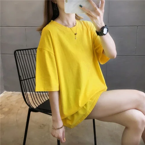 2021 Summer Women T Shirt harajuku solid T-shirts students korean Casual loose Short Sleeve pink white Tops 90s Female Tee Shirt