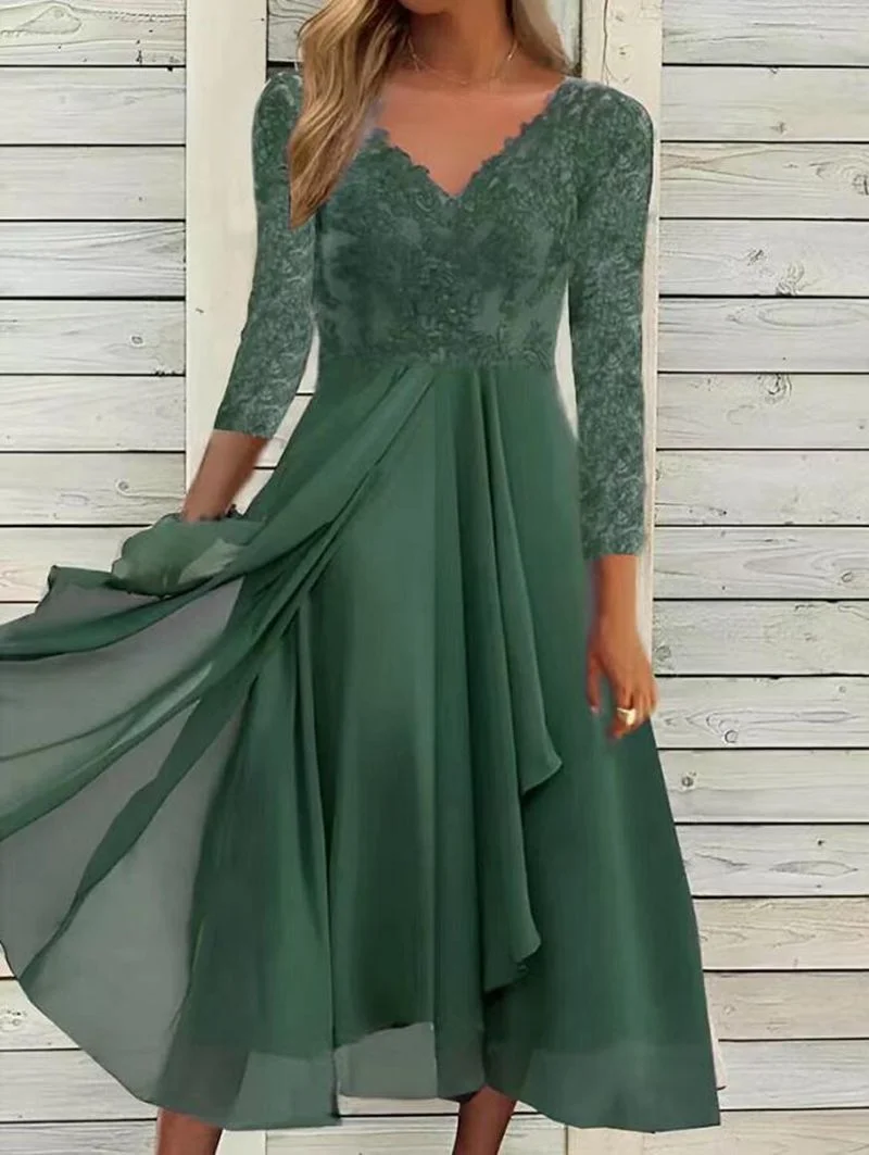 Brownm Brownm And Winter Long-Sleeved Chiffon Dress Splicing V-Neck Lace Hollow-Out Bridesmaid Evening Dress