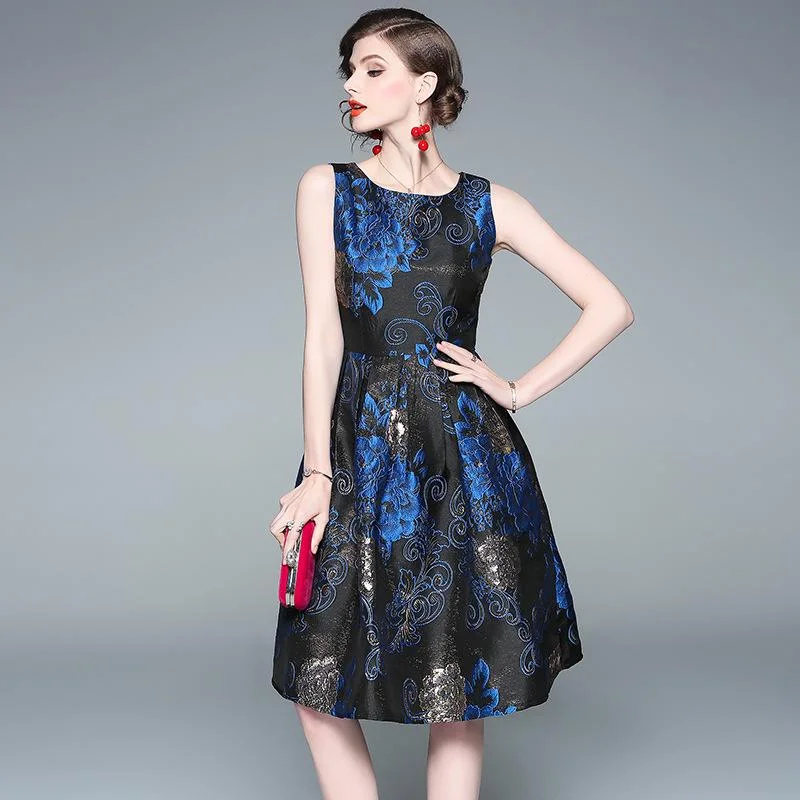 Temperament gold silk jacquard waist sleeveless dress