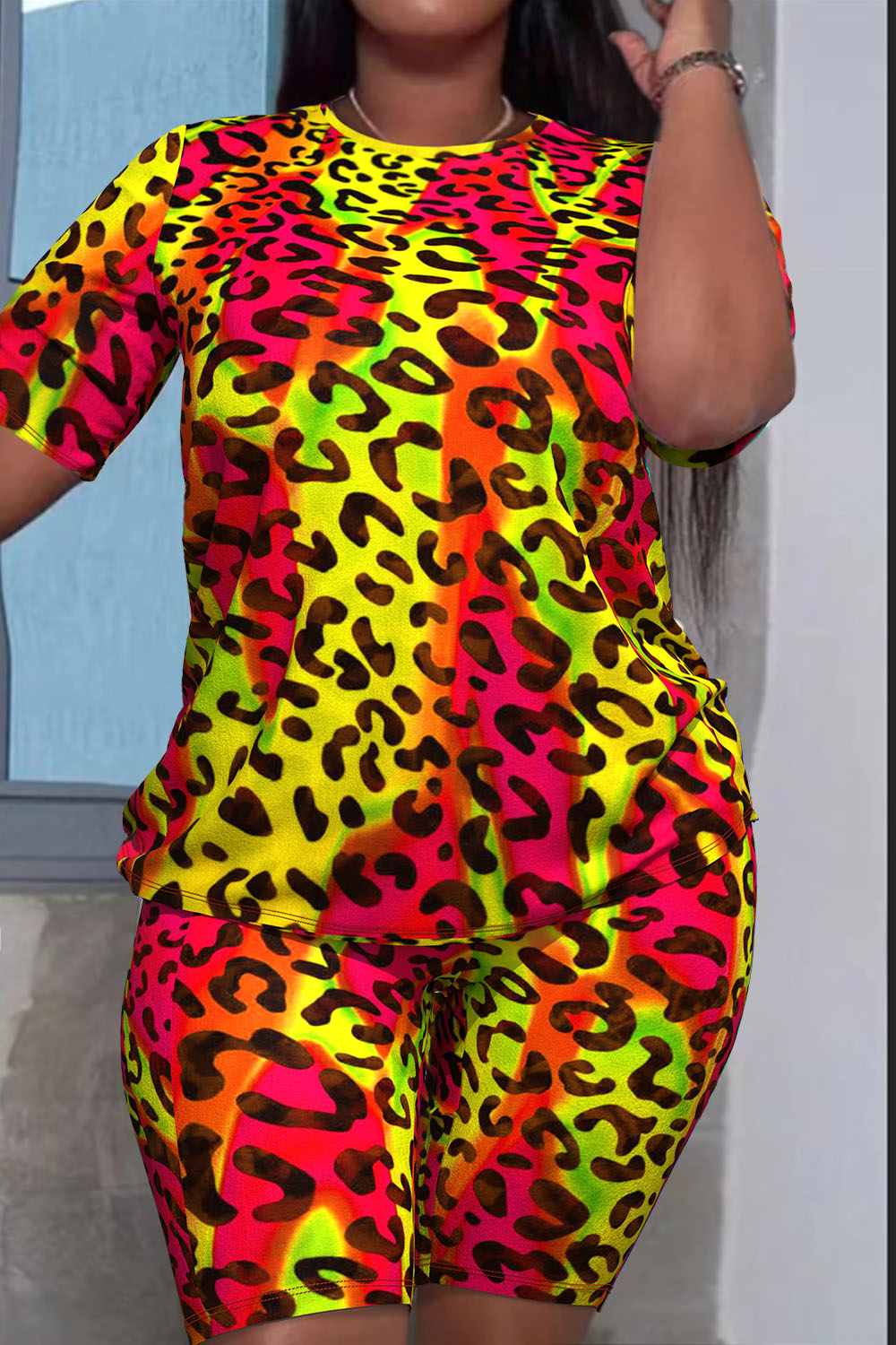 Plus Size Casual Yellow Leopard Round Neck Short Sleeve Two Piece Short Sets [Pre-Order]