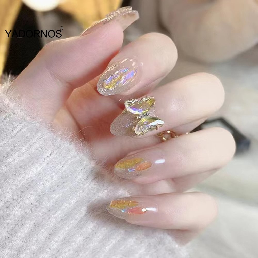 Agreedl Fake Nails 24Pcs Glossy Press On Nails 2022 3D Butterfly Glitter Diamond Design for Bride Wedding Free Shipping Items