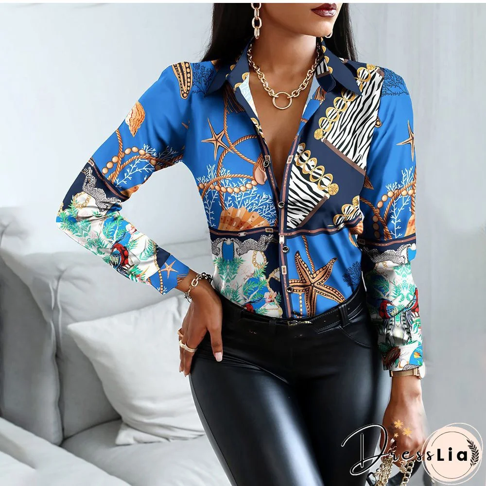 Autumn Women Black Floral Print Top Shirt Fashion Casual Long Sleeve Turn-down Collar Tops Shirts New Elegant Slim Button Shirts