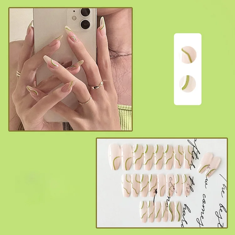 24Pcs Long Ballerina Grass Green Wavy Lines False Nails Removable Coffin Fake Nails Full Cover Nail Tips Press On Nails nail art