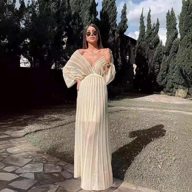 Uveng Uveng Summer New Women's Sexy Thin Dress V Collar Shawl Sleeve Hollow White Dress