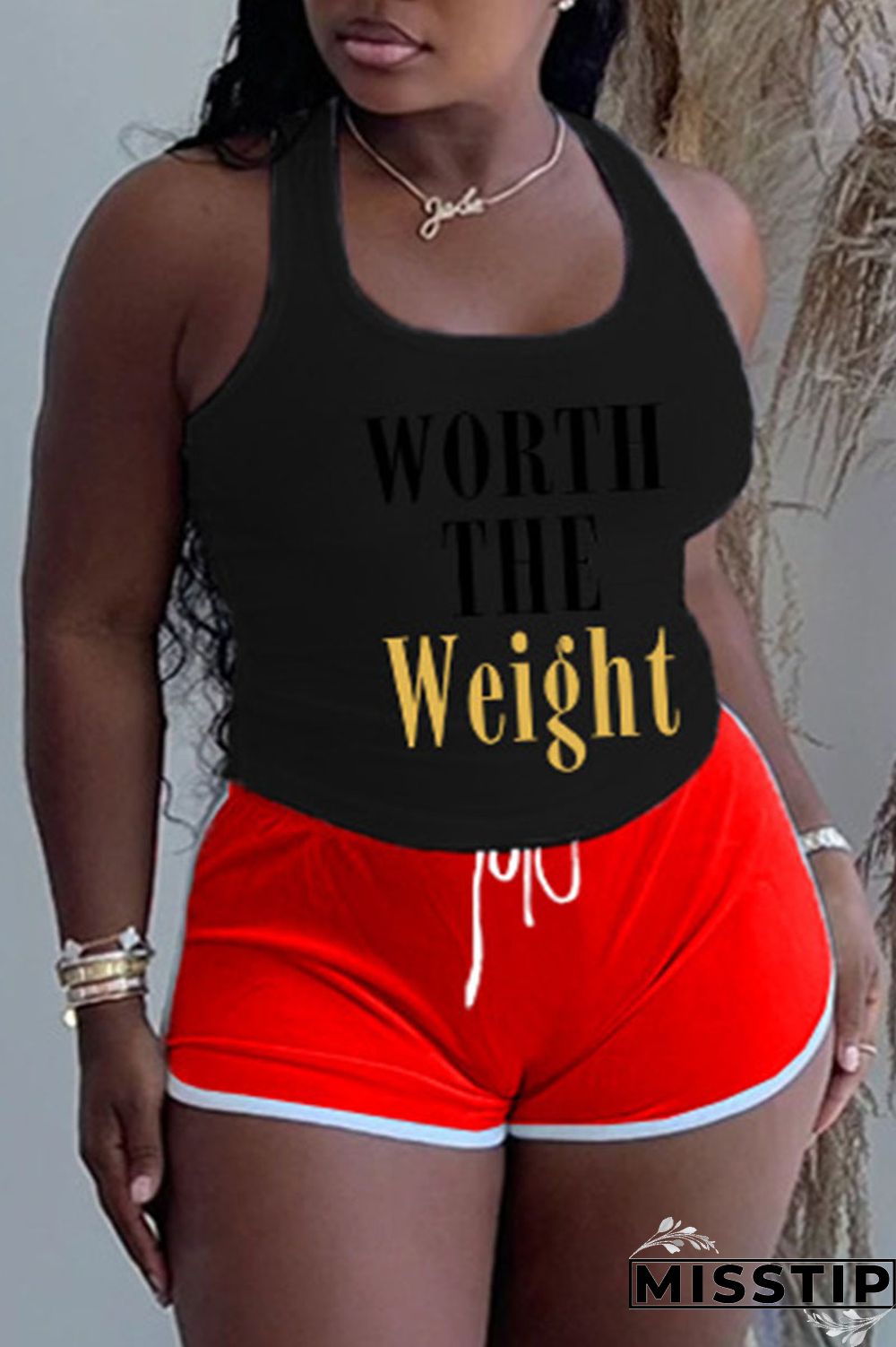 Grey Plus Size Casual Letter Print Patchwork U Neck Plus Size Two Pieces