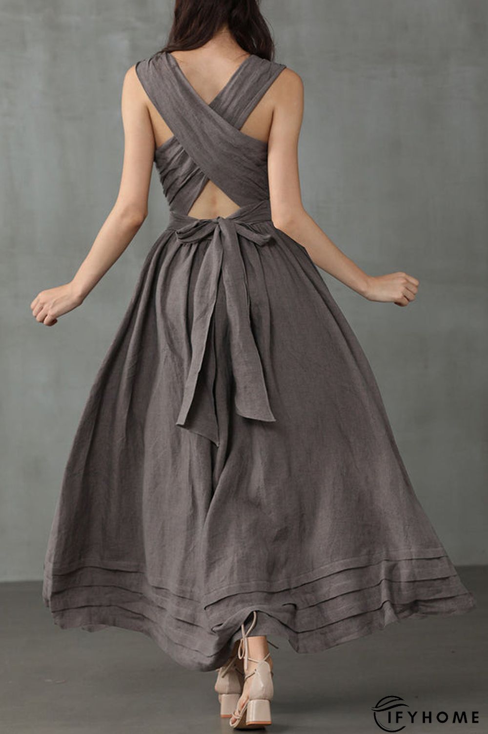 Cross Back O Neck Maxi Linen Dress | IFYHOME