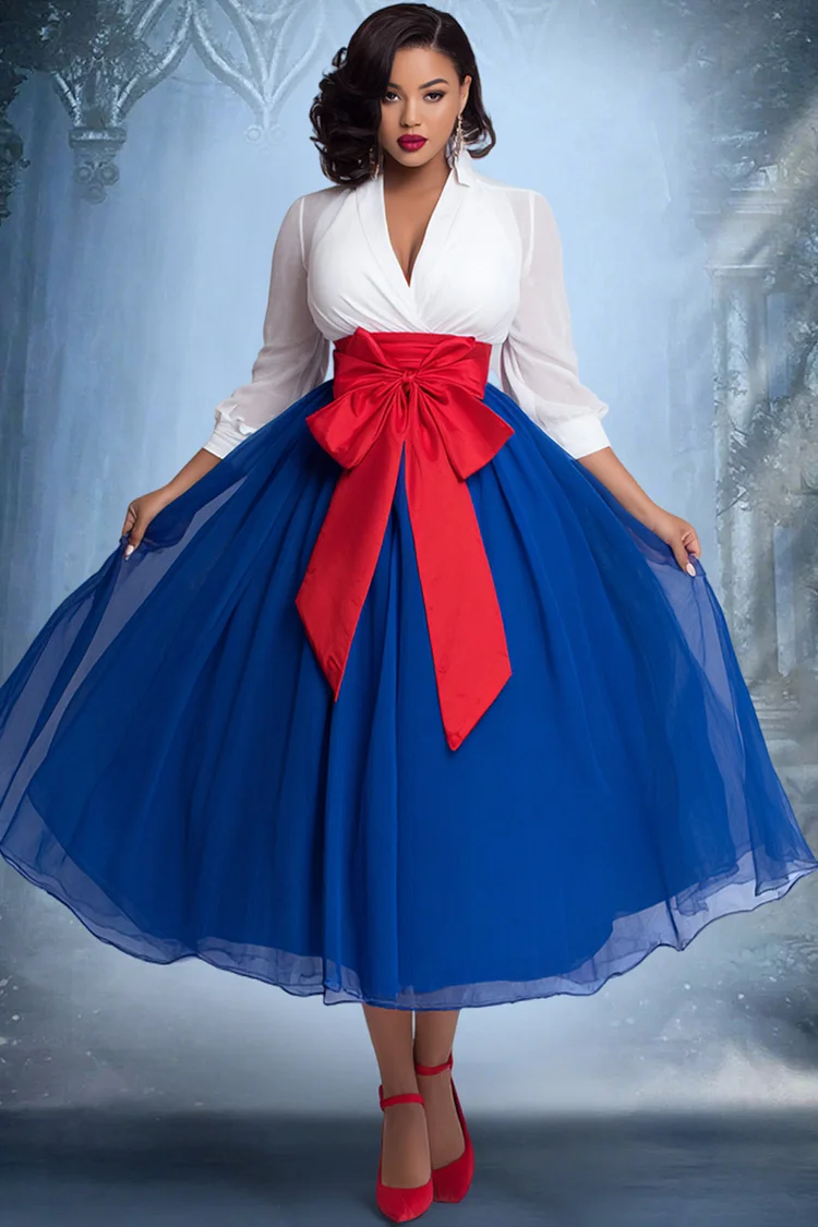 Xpluswear Design Plus Size Party Blue Colorblock Wrap Neck 3/4 Sleeve Bow Tie Elegant Contrast Tulle Midi Dresses 2024 - Xpluswear