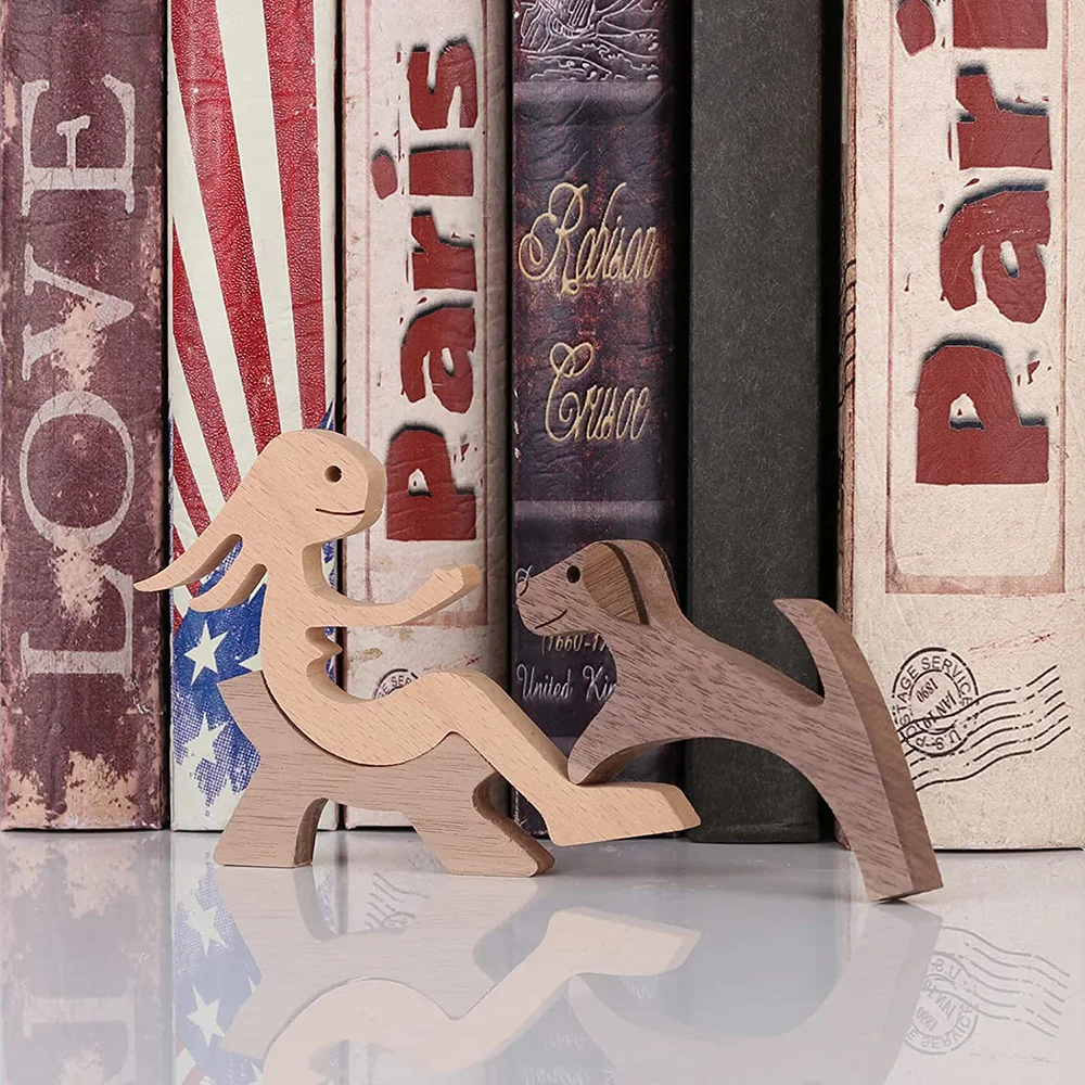 Purexcellent&trade; Creative wooden girl and dog home desktop carving ornament
