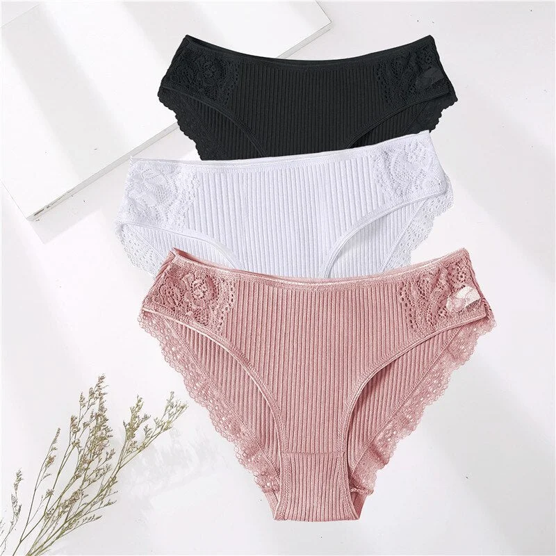 FINETOO 3PCS/Set M-XXL Cotton Underwear Women's Panties Comfort Underpants Floral Lace Briefs For Woman Sexy Low-Rise Intimates