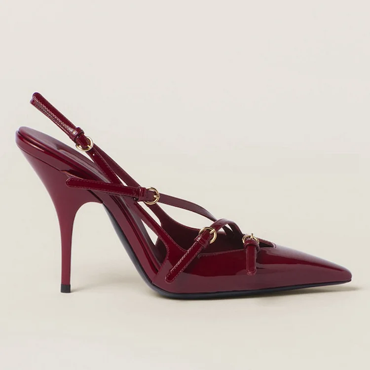Multi Straps Buckles Square Toe Slingback Stiletto Heels-Burgundy