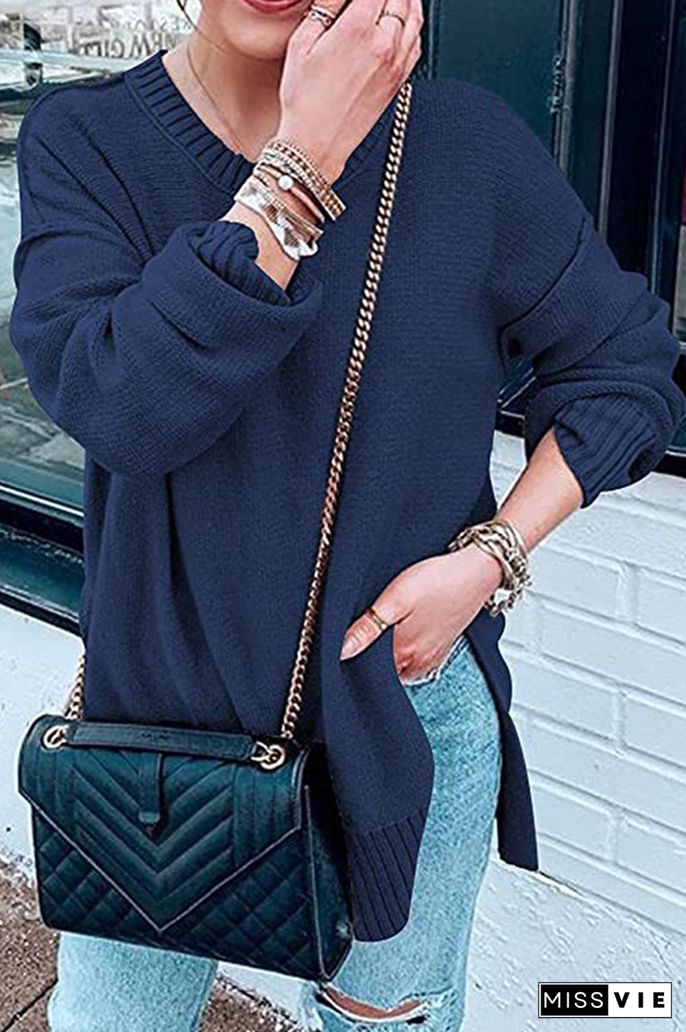 Casual Solid Patchwork Slit O Neck Tops Sweater