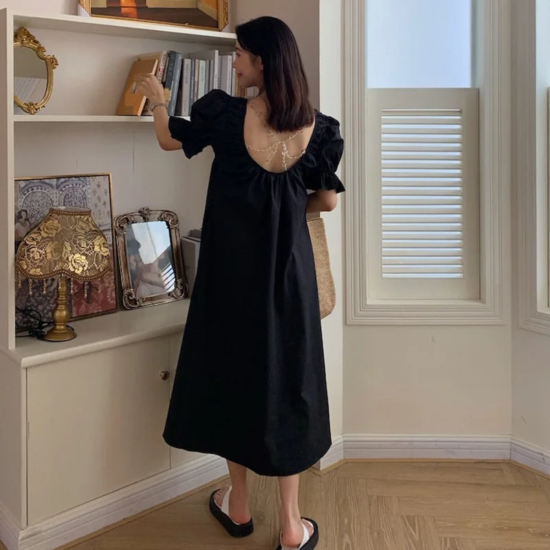 Rimocy Vintage Puff Sleeve Black Dress Women 2022 Summer String Bead Backless Long Dress Woman Round Neck Loose Vestidos Ladies