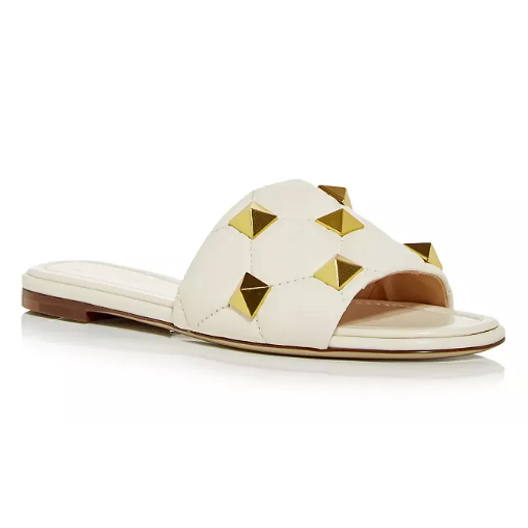 Women's Roman Stud Quilted Slide Sandals White-vocosishoes
