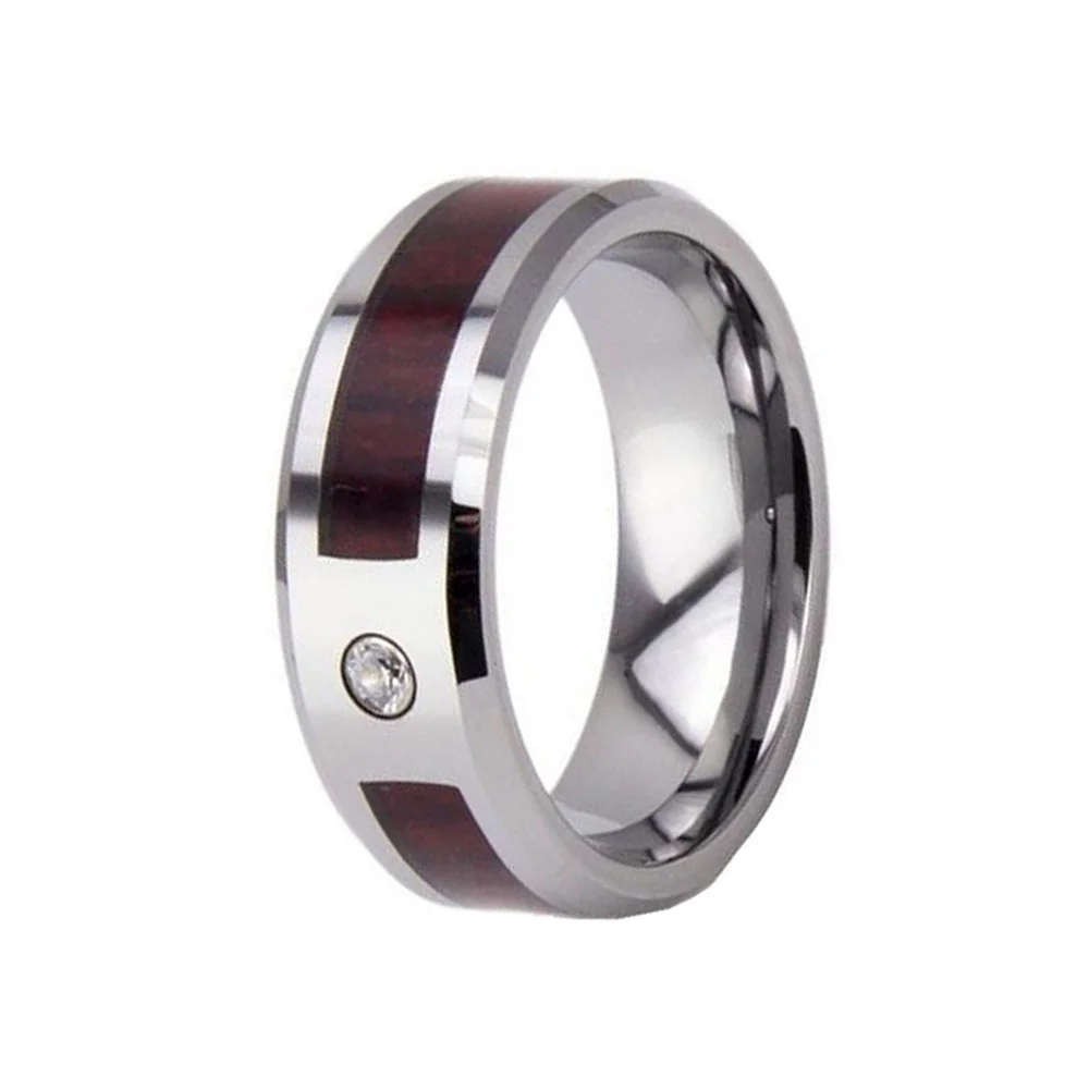 6MM 8MM Tungsten Carbide Zircon With Red Wood Inlay For Men Wedding Bands Comfort Fit
