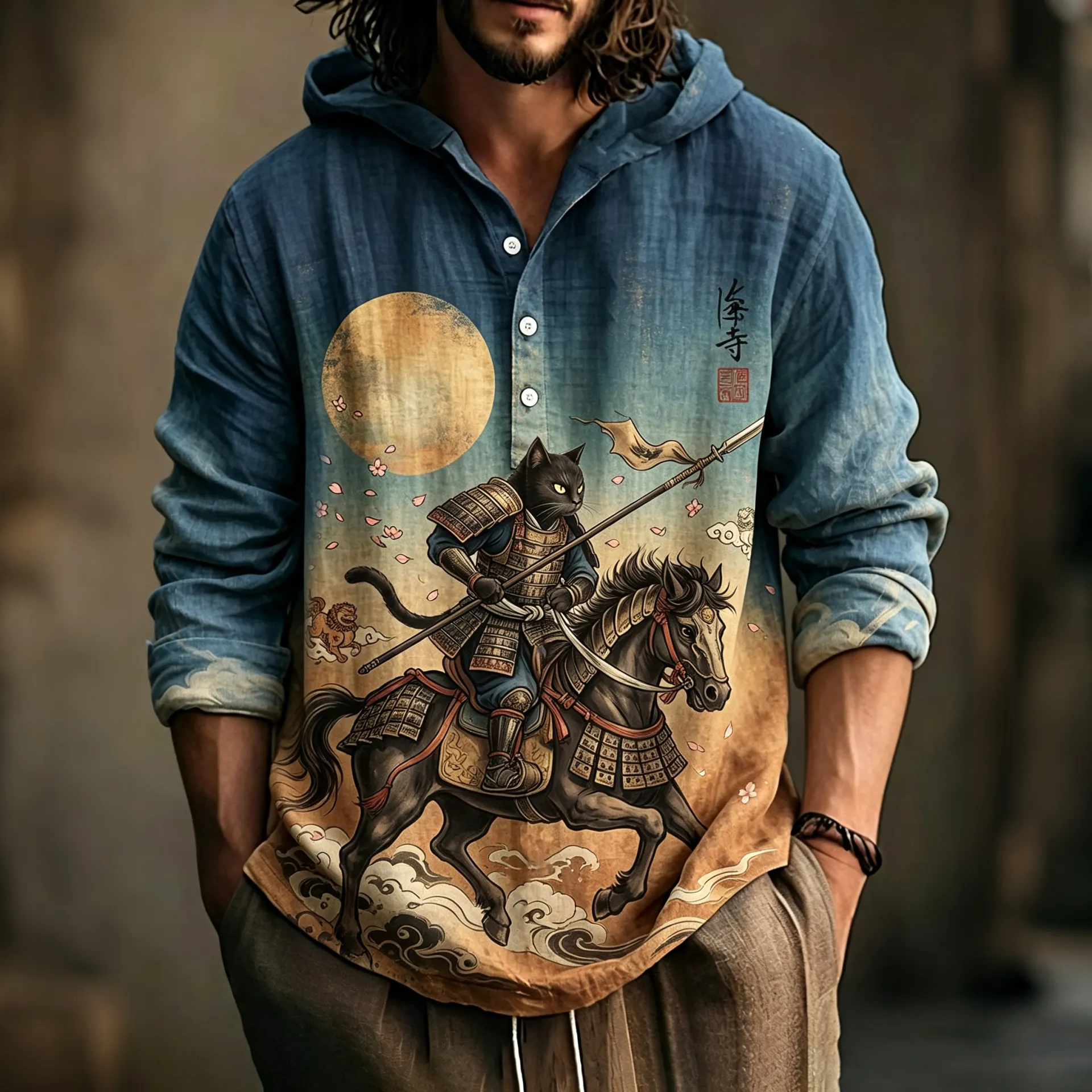 Men's Vintage Japanese Samurai Black Cat On Horseback Art Print Long Sleeve Hoodie  artssus