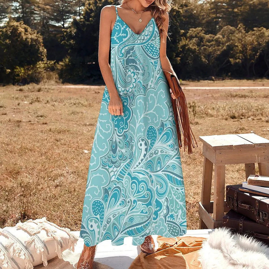 Teal Blue And White Elegant Artsy Abstract Women's Casual Strappy V Neck  Sleeveless Flowy Loose Long Maxi Beach Dress Sundress