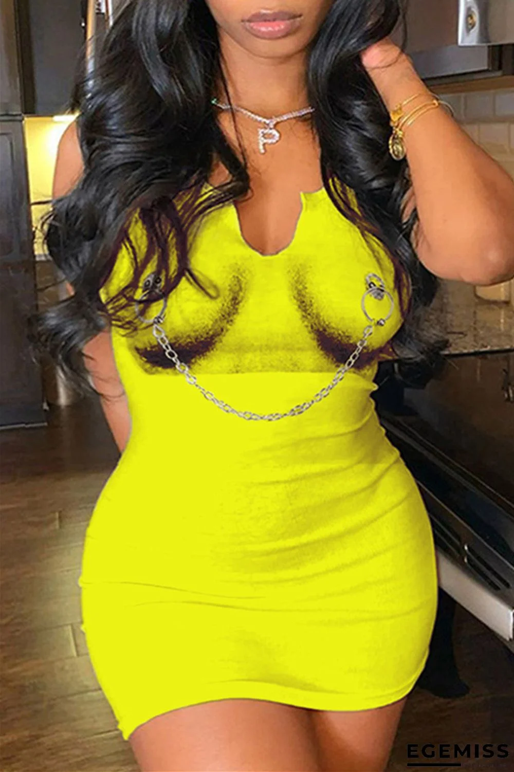 Yellow Fashion Casual Print Patchwork V Neck Vest Dress | EGEMISS