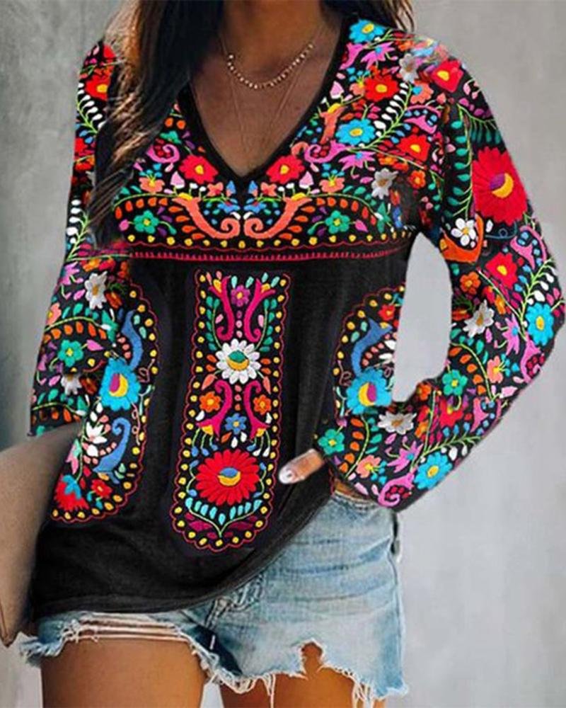 Women's Floral Print Ethnic Style Short Sleeve  T-Shirt-030904