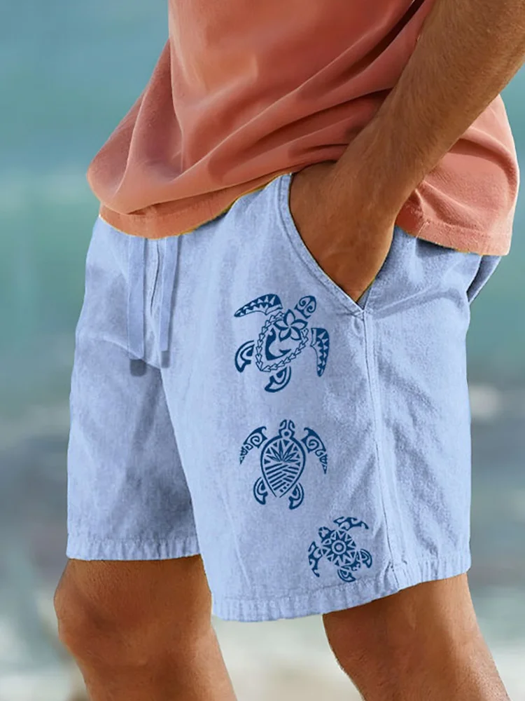 Sea Turtle Print Linen Blend Casual Shorts