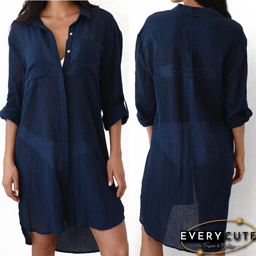 New Spring Summer Autumn Women Blouse V-Neck Long Sleeve Pocket Solid Shirts Women Casual White Blouse For Beach Tops Q469